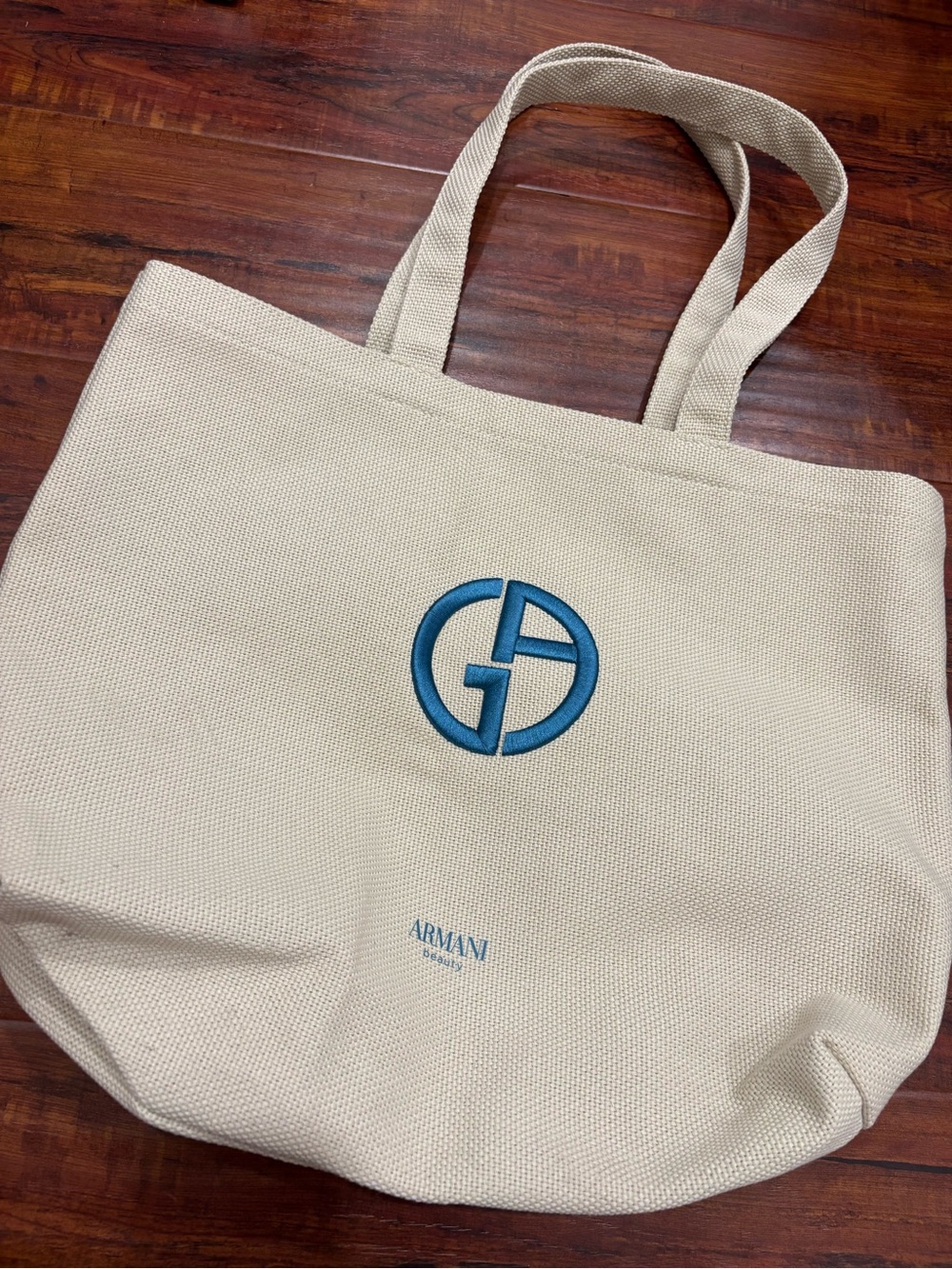 NEW Armani Logo Canvas Tote in Cream with Blue Emblem